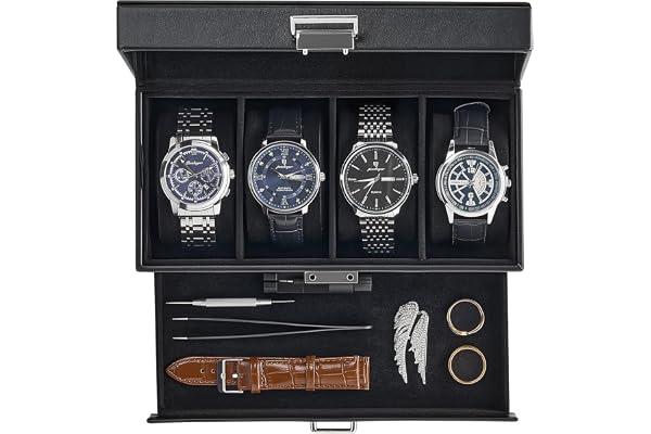ProCase Watch Case, 4 Slot Watch Box Organizer with Glass Lid, 2-Layer Watches Display Case, Mens Jewelry Box with Drawer, Fa
