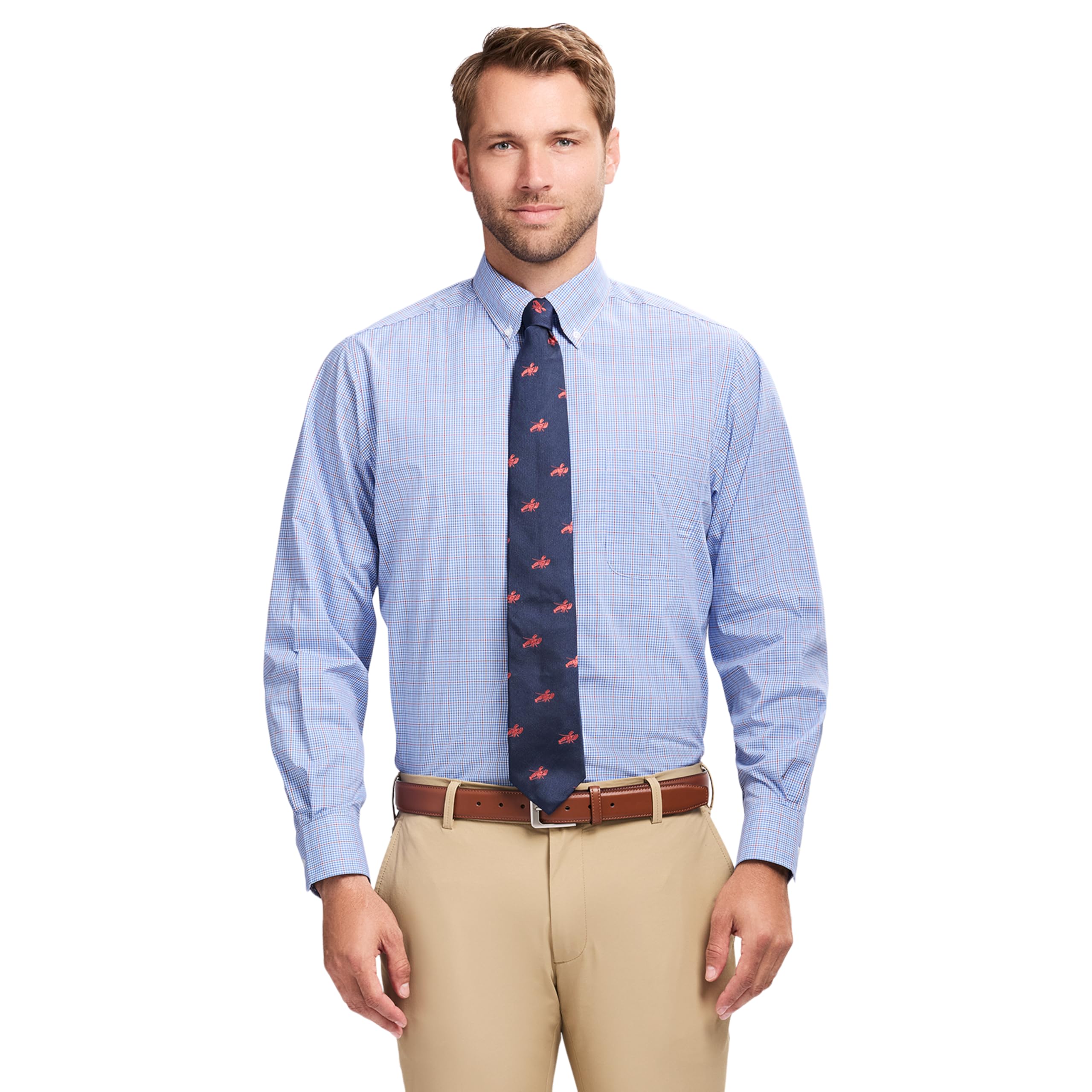Izod Men’s Performance Comfort Long Sleeve Plaid Button Down, Sodalite Blue Check, 18-18.5 34