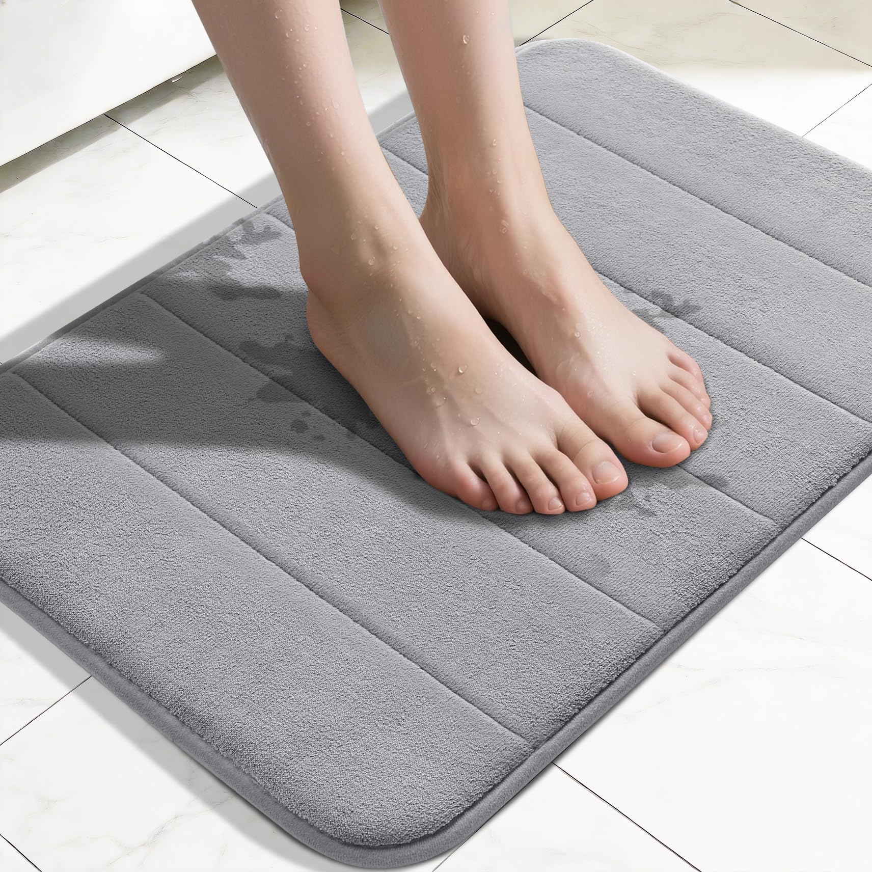 Yimobra Memory Foam Bath Mat, Soft and Comfortable, Super Water Absorption, Non-Slip, Thick, Machine Wash, Easier to Dry for Bathroom Floor Rug, 43 x 61 cm, Gray
