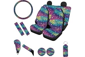 Coldinair 12 Pack Rainbow Glitter Leopard Print Car Seat Covers Full Set with Steering Wheel Cover and Seat Belt Pad,Handbrake Cover Gear Shift Knob Cover,Car Coaster,Keychain,Auto Interior Decoration
