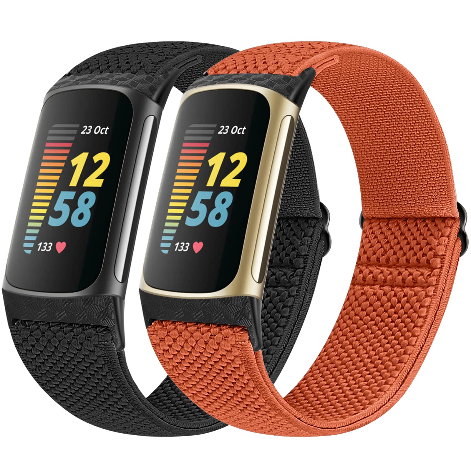 Vodtian Elastic Straps Only Compatible with Fitbit Charge 6/ Charge 5 Strap, 2 Pack Stretchy Adjustable Nylon Loop Braided Replacement Sport Wristband for Charge 5/Charge 6 Activity Tracker Women Men