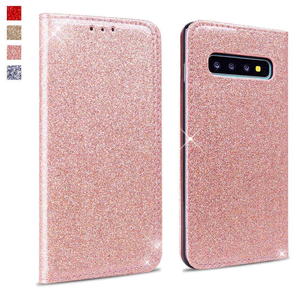 OKZone Case for Galaxy S10 Plus Case glitter,Bling Sparkly PU Leather Flip Wallet [Card Slot] [Stand Function] [Magnetic Closure] [Inner Soft TPU] Case For Samsung Galaxy S10 Plus (Rose Gold)