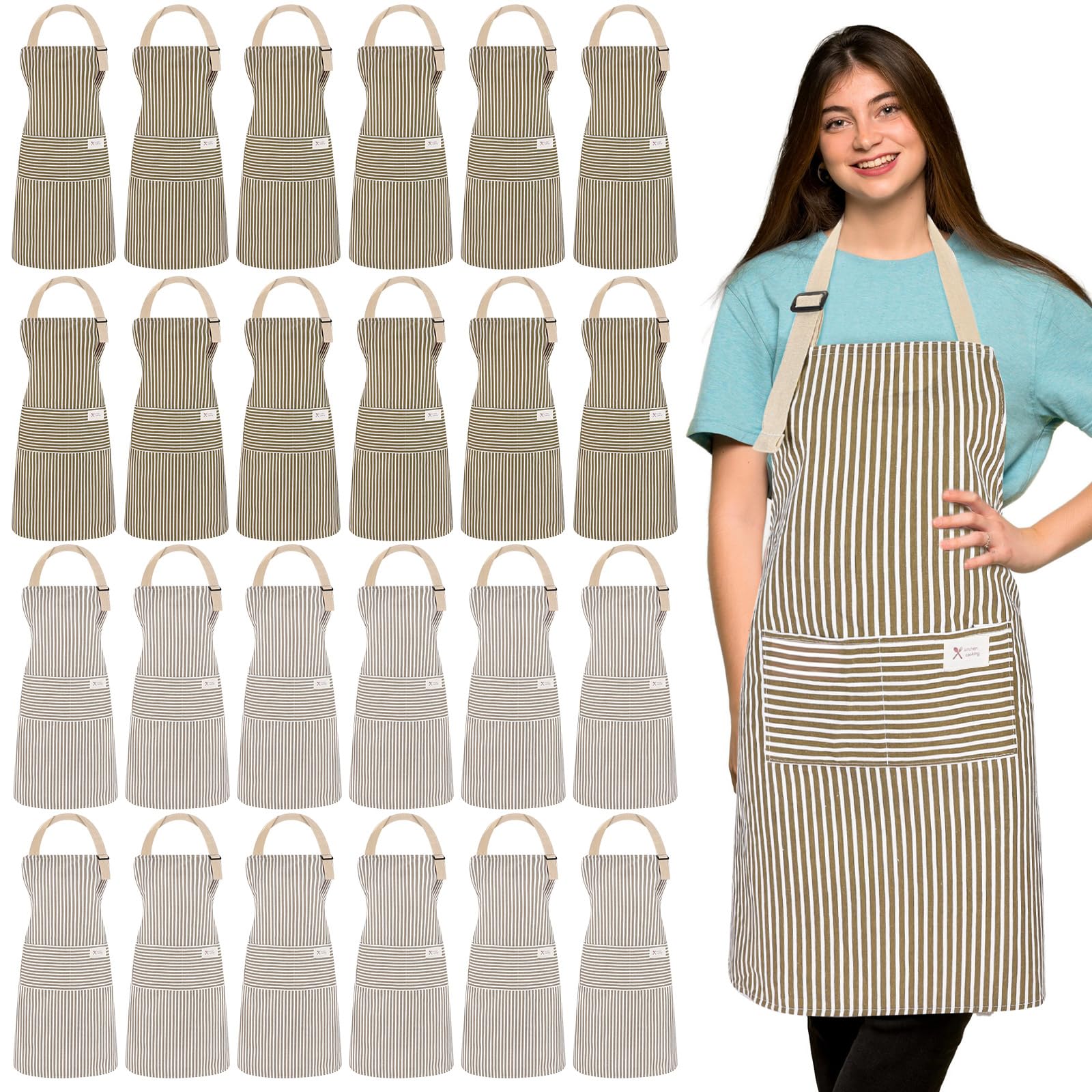 Photo 1 of Janmercy 24 Pcs Aprons for Women Men with 2 Pockets Linen Cooking Kitchen Apron Adjustable Bib Chef Apron Bulk Aprons Unisex(Brown/gray,Thin Stripes)