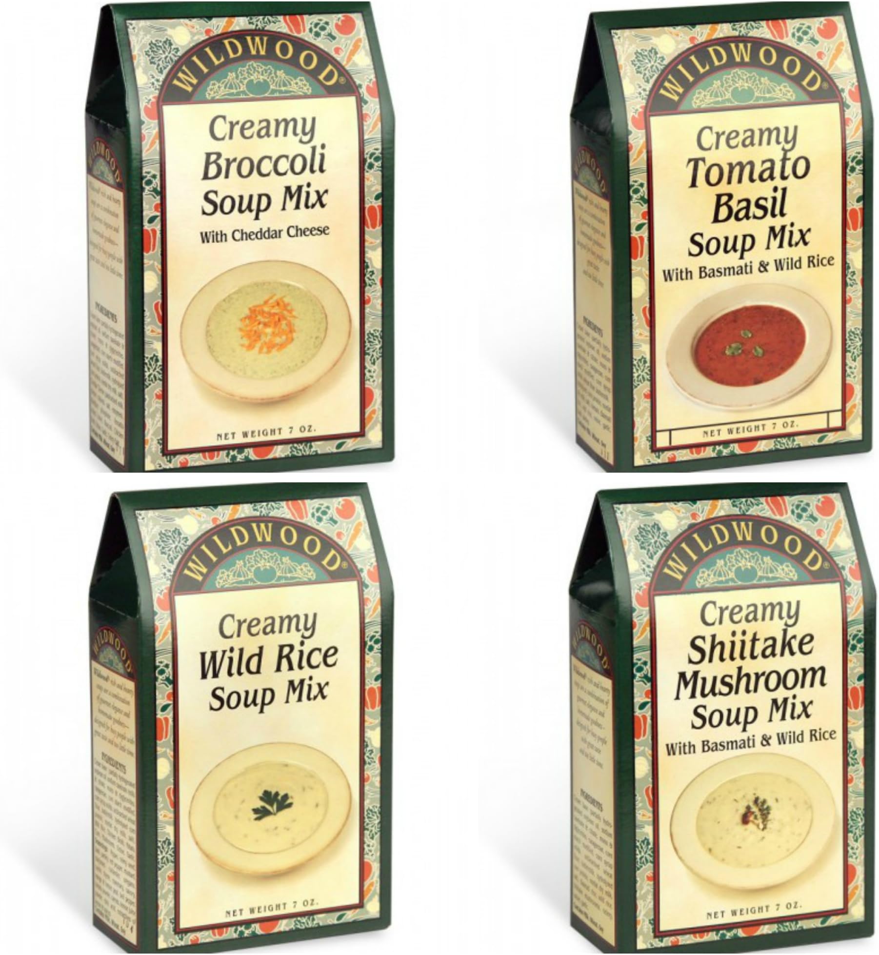 Wildwood Creamy Soup Mix Bundle (4 Pack): Wild Rice, Shitake Mushroom, Broccoli Cheddar and Tomato Basil