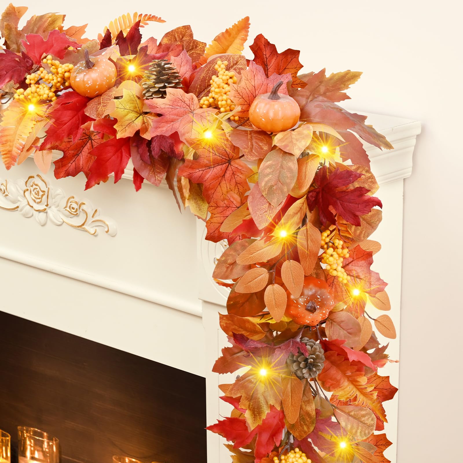 Photo 1 of 2 Pack 6FT Fall Leaves Garland for Mantle, Autumn Garland with Maple Leaves Pumpkins for Thanksgiving Fireplace Indoor Outdoor Fall Decor
