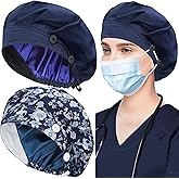 ABAMERICA 2 Pack Bouffant Caps with Button and Sweatband, Adjustable Scrub Caps for Women Men, One Size Multi Color