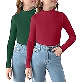 Arshiner Girls 2 Packs Lettuce Trim Mock Neck Long Sleeve Shirts Ribbed Knit Slim Tops Casual Trendy Base Layer Tee