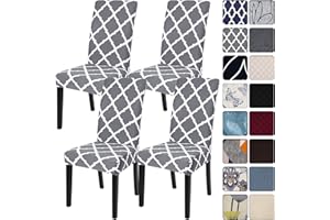 SearchI Dining Room Chair Covers Set of 4, Stretch Spandex Kitchen Slipcovers Removable Washable Geometric Parsons Protector for Room, Hotel, Ceremony (Gray+White)