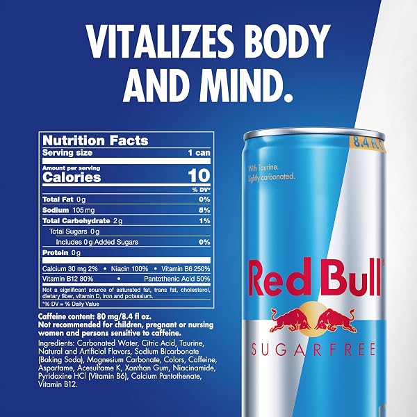 RED BULL SUGAR FREE ENERGY DRINK WITH 80MG CAFFEINE PLUS TAURINE & B VITAMINS, 8.4 FL OZ, PACK OF 12 CANS