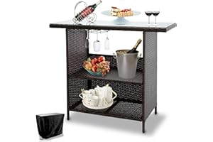 NAVINE Outdoor Patio Bar Table, PE Wicker Bar Counter Table with 3 Set of Rails, Tempered Glass Desktop, Waterproof Cover, Suitable for Outdoor, Patio, Poolside, Garden.