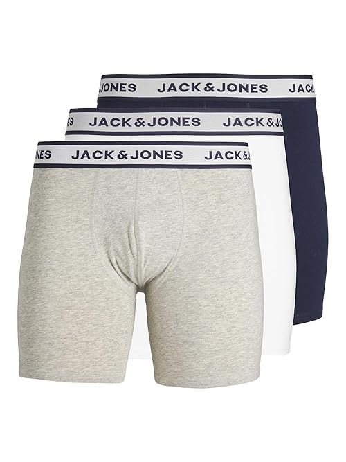 JACK & JONES Mens Jacsolid Briefs 3 Pack Boxer Shorts, Light Grey Melange / Pack: White - Navy Blazer, L UK