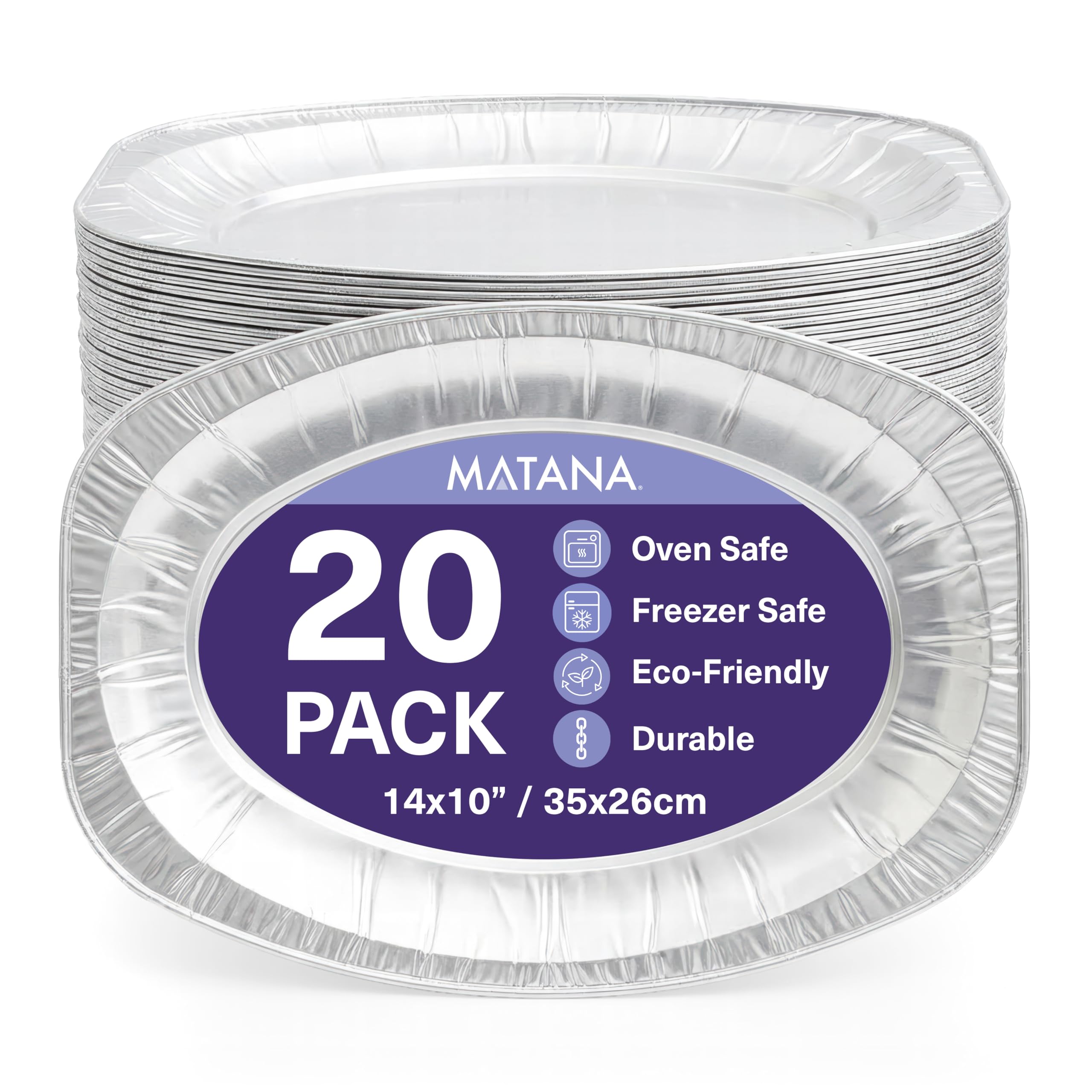 MATANA 20 Large Aluminium Foil Platters, 14" (35x26cm) – Disposable & Reusable Serving Trays with Raised Edges & Extra Depth – Oven & Freezer Safe Buffet Platters for Party Food, Christmas & Catering