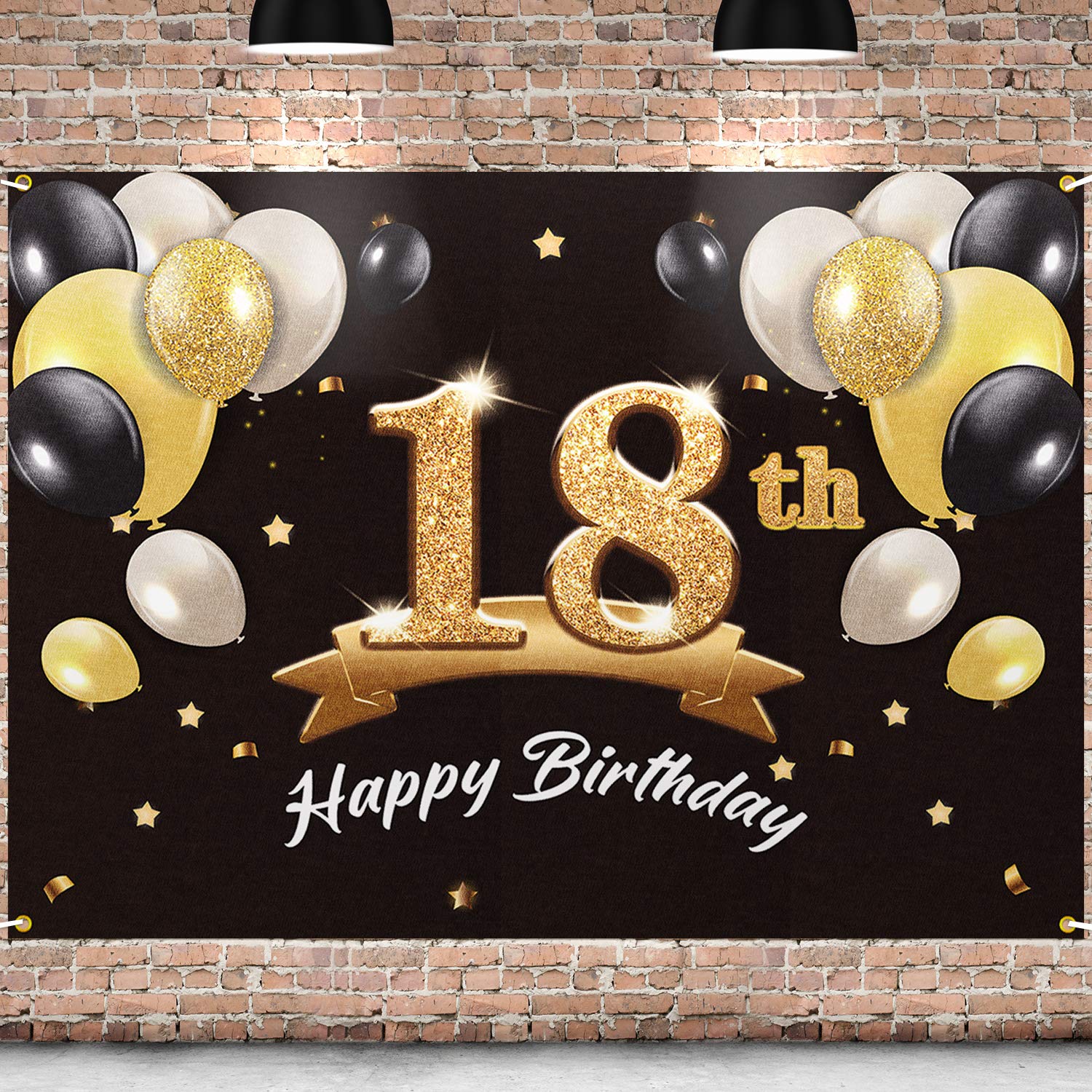 PAKBOOM Happy 18th Birthday Banner Backdrop - 18 Birthday Party Decorations Supplies for Men- Black Gold 4 x 6ft