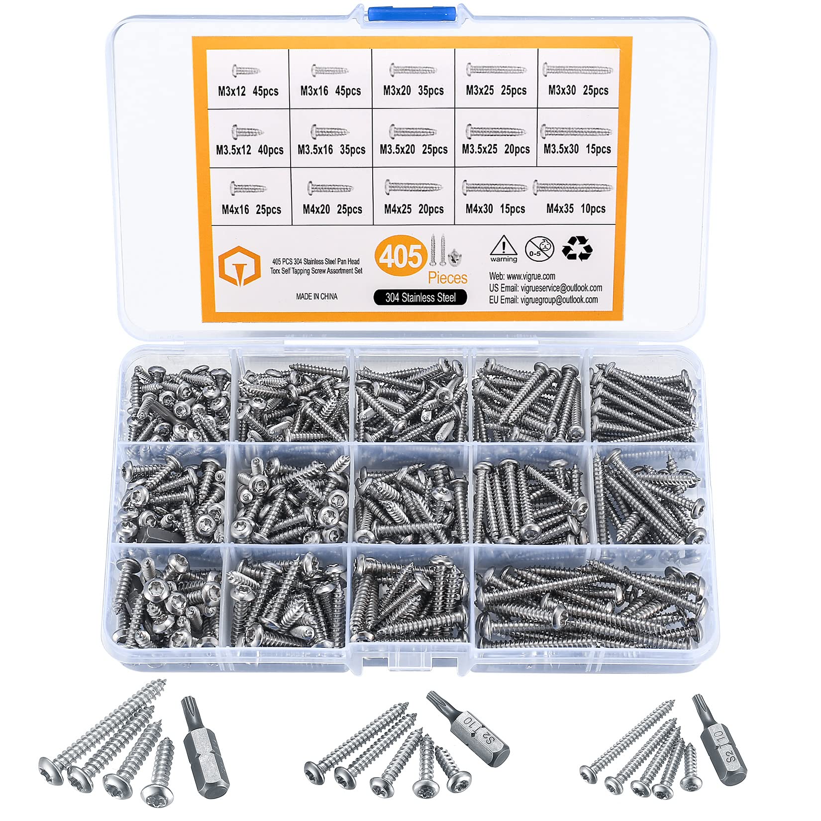 405 pcs Stainless Steel Torx Head Screws Set, M3/M3.5/M4, Flat & Round Head Woodbuilding and Self-tapping Screws Assortment Kit, with 3pcs Drill Bits