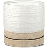 HERDUK 6 Inch Plant Pots, Ceramic Planter Pot with Drainage Hole & Saucer, Indoor/Outdoor Cylinder Round Planter Pot, White & Beige Glaze