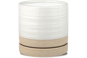 HERDUK 6 Inch Plant Pots, Ceramic Planter Pot with Drainage Hole & Saucer, Indoor/Outdoor Cylinder Round Planter Pot, White & Beige Glaze