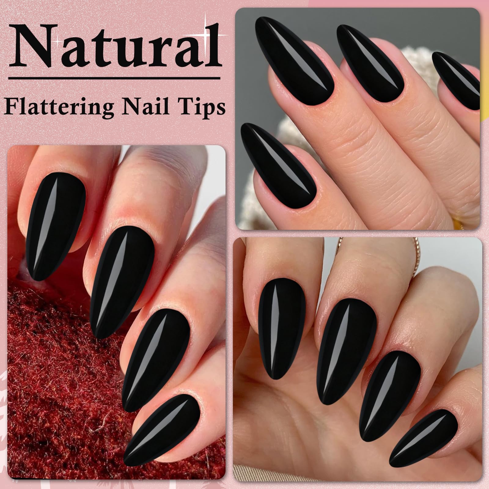 LoveOurHome 240pc Almond Press on Nails Medium Black Fake Nail Tips Full Cover Glue Almond Acrylic Nails Press ons Nail Short Stiletto False Artificial Fingernail & Glue Adhesive Tabs for Women Girls - Image 8