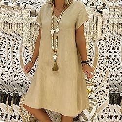 Women's Summer Cotton Linen Dress Loose V-Neck