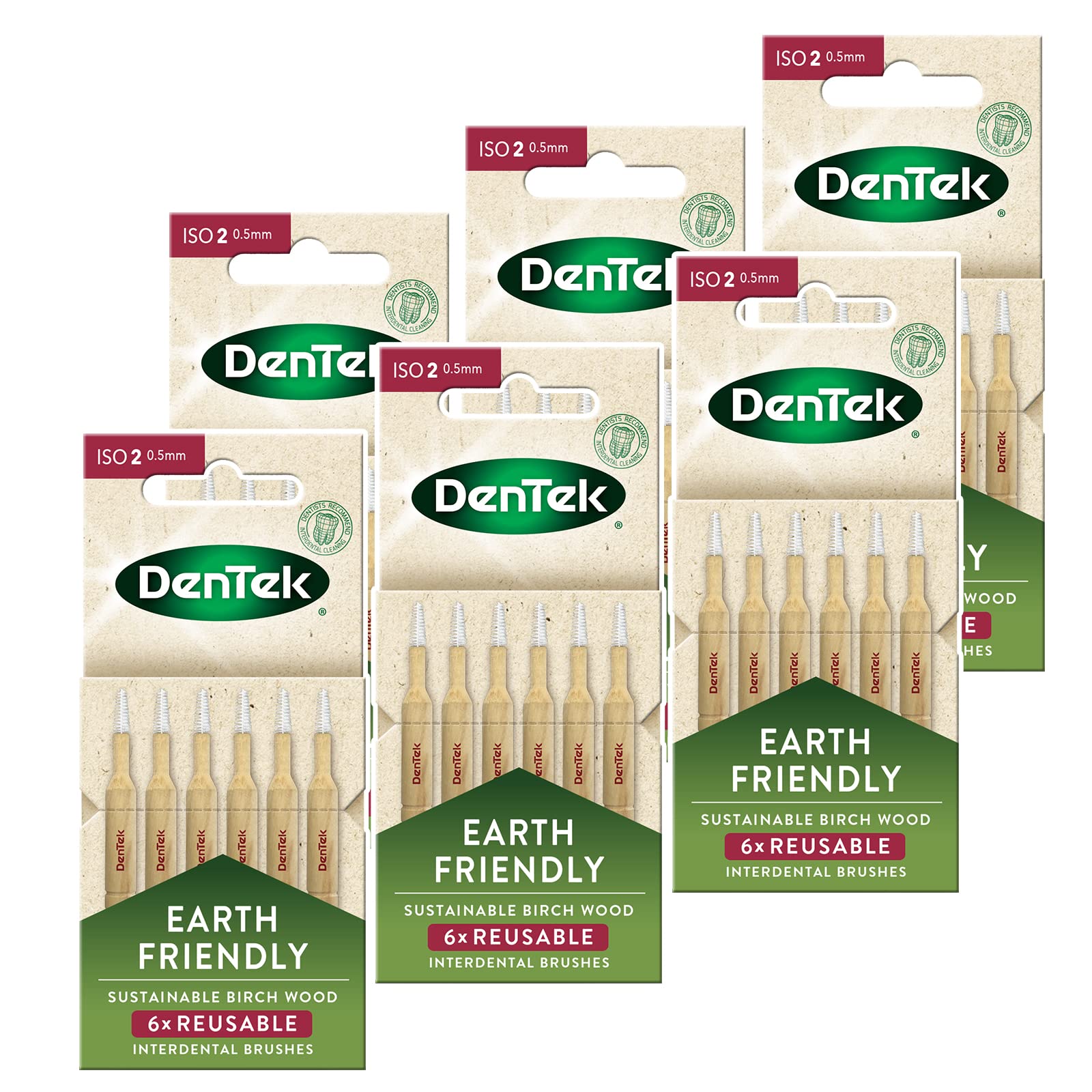 DenTek Earth Friendly Birch Wood Interdental Brushes ISO2/0.5mm - 6 Count x 6 Packs (36 Brushes)