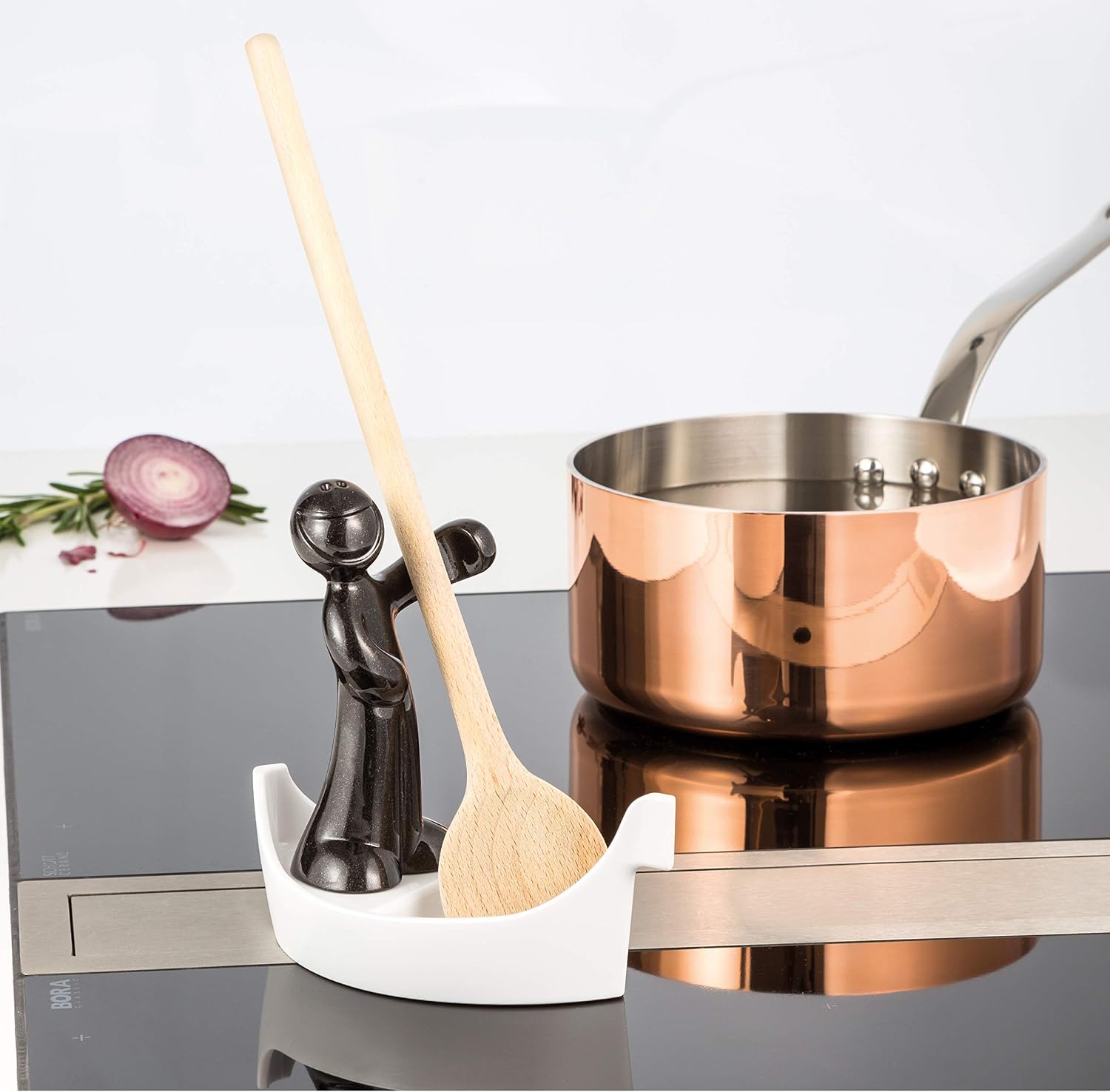 WolfCut Porte-Cuillère Chromé Avec Bol Céramique - Repose Ustensiles Cuisine Pratique
