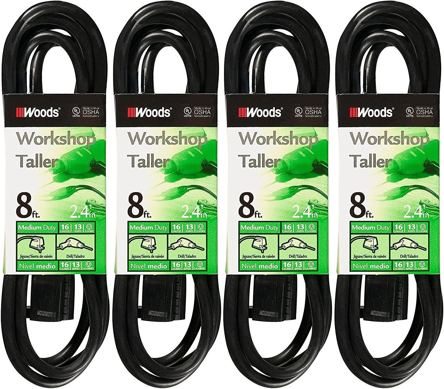 Woods 0260 4 Pack 8ft. 16/3 SJTW General Purpose Extension Cords, Black