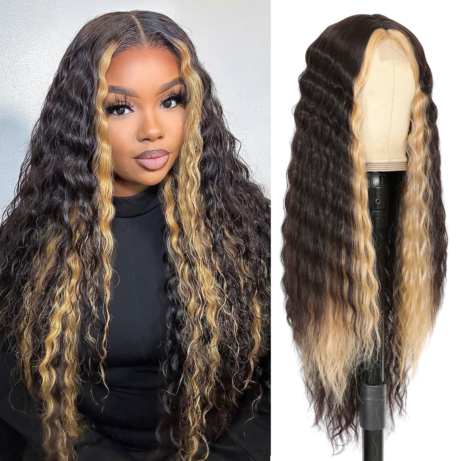 Photo 1 of 28" Synthetic Curly Wigs for Women Dark Brown Skunk Stripe Wig Deep Wave Wig with Blonde Highlights Long Wavy Lace Front Wigs Synthetic Hair 4" Simulated Scalp Crimps Curls Wig,HL6/15P#