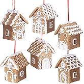Funtery 6 Pcs Gingerbread House Ornaments for Christmas Tree Gingerbread Christmas Decor with Rope Xmas Hanging Ornaments for Tree Holiday Party New Year Home Decorations (White Frosting Style)