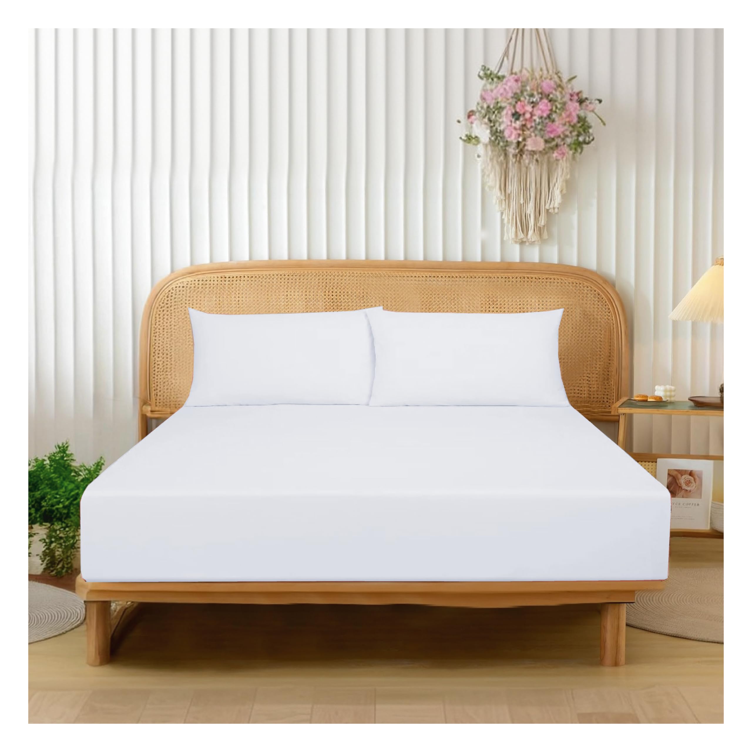 Funky Gadgets Double Fitted Sheet White Extra Deep Pocket 16 Inch (40cm) 90 GSM Soft Brushed Microfiber Bed sheets Easy Care Bottom Sheet (137 X 190cm)