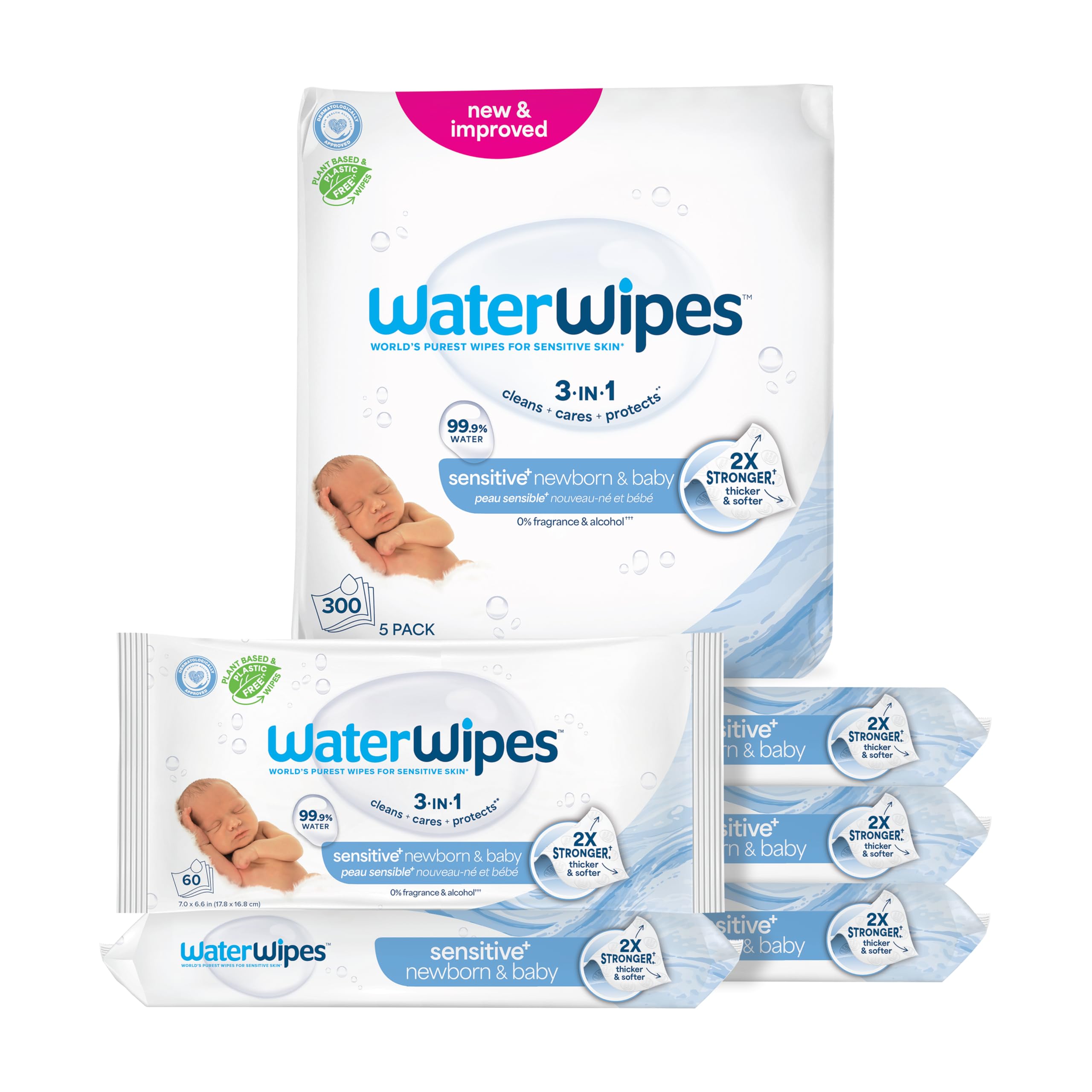 Photo 1 of WaterWipes Sensitive+ Newborn & Baby Wipes, 3-In-1 Cleans, Cares, Protects, 99.9% Water, Unscented & Hypoallergenic, 300 Count (5 Packs)