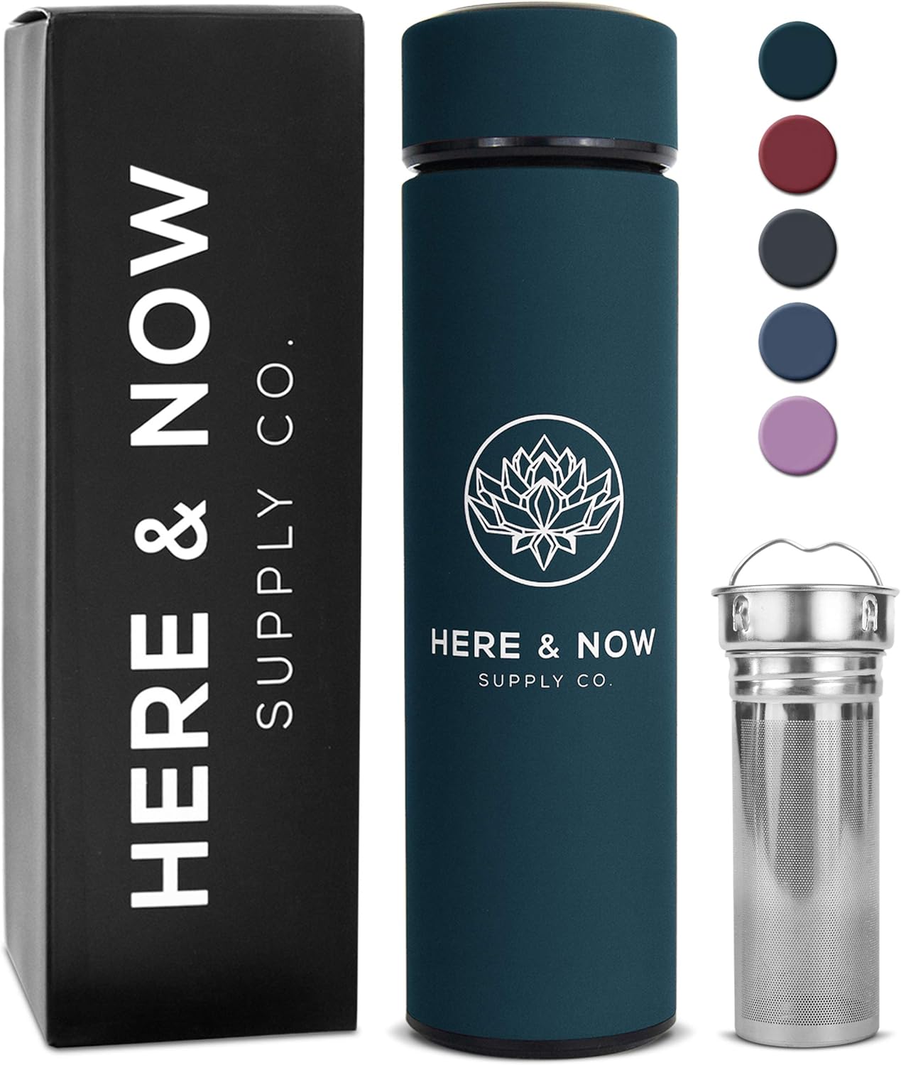 Multi-Purpose Travel Mug and Tumbler | Tea Infuser Water Bottle | Fruit Infused Flask | Hot & Cold Double Wall Stainless Steel Coffee Thermos | EXTRA LONG INFUSER | by Here & Now Supply Co. (Teal)