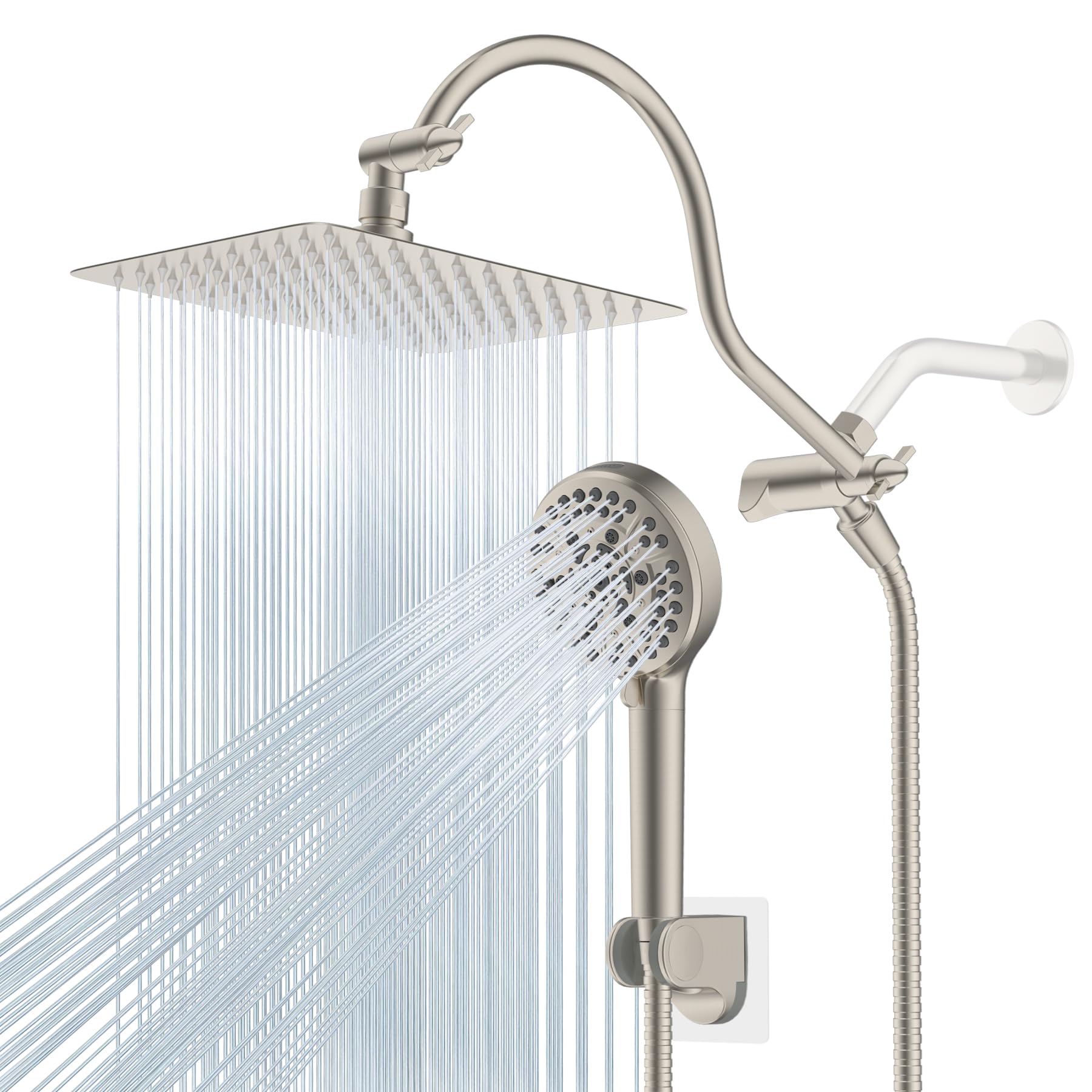 Photo 1 of Hibbent All Metal Shower Head, 10'' High Pressure Rainfall Shower Head/Handheld Showerhead Combo/ 12'' Adjustable Curved Shower Extension Arm, 10-Spray, 71'' Hose, Showerhead Holder, Brushed Nickel