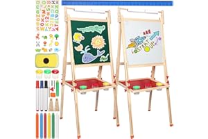 Ireer 2 Pack Art Easel for Kids Adjustable Standing Kids Art Easel with Magnetic Whiteboard Chalkboard and 36 Pcs Art Easel Accessories Children Double Sided Wooden Easel for Boy Girl Painting Drawing