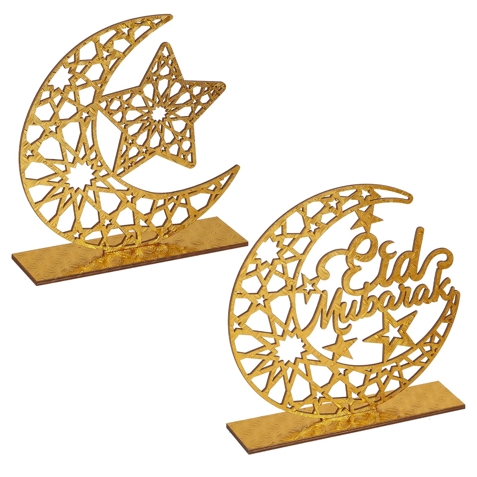Hinsly Wood Ramadan Decorations for Home Islamic Eid Mubarak Kareem Table Sign Moon Hollow Star Ornament for Muslim Party Tabletop Decor Art Craft Decoration Golden Moon 2 Pieces