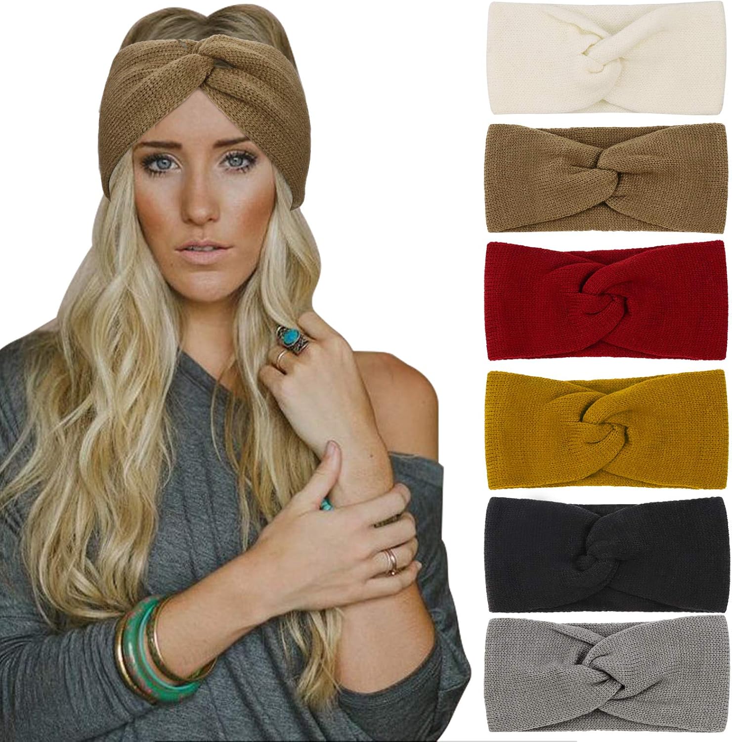 DRESHOW 6 Pieces Women Warm Knitted Headband Winter Ear Warmer Crochet Head Wraps Thick Cable Headband