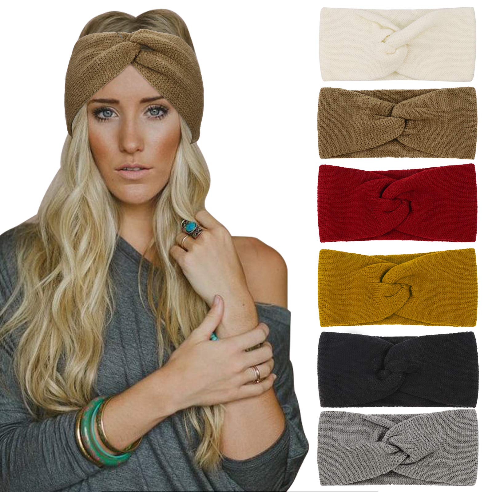 DRESHOW 6 Pieces Women Warm Knitted Headband Winter Ear Warmer Crochet Head Wraps Thick Cable Headband