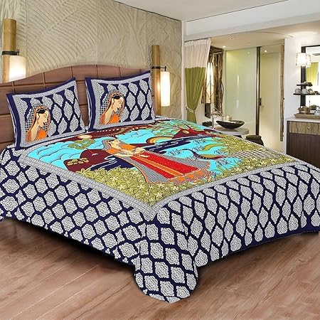 Ab Home Decor Elastic Fitted Double Bedsheet,350 TC, Cotton 250 cm x 250 cm Bedsheet with 2 Pillow Covers, Modern- Blue