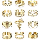 Besteel 18K Gold Plated Rings for Women, Stainless Steel Statement Rings Pack Stacking Boho Midi Rings Adjustable Open Ring Band Twisted Signet Rings Non Tarnish Gold Rings