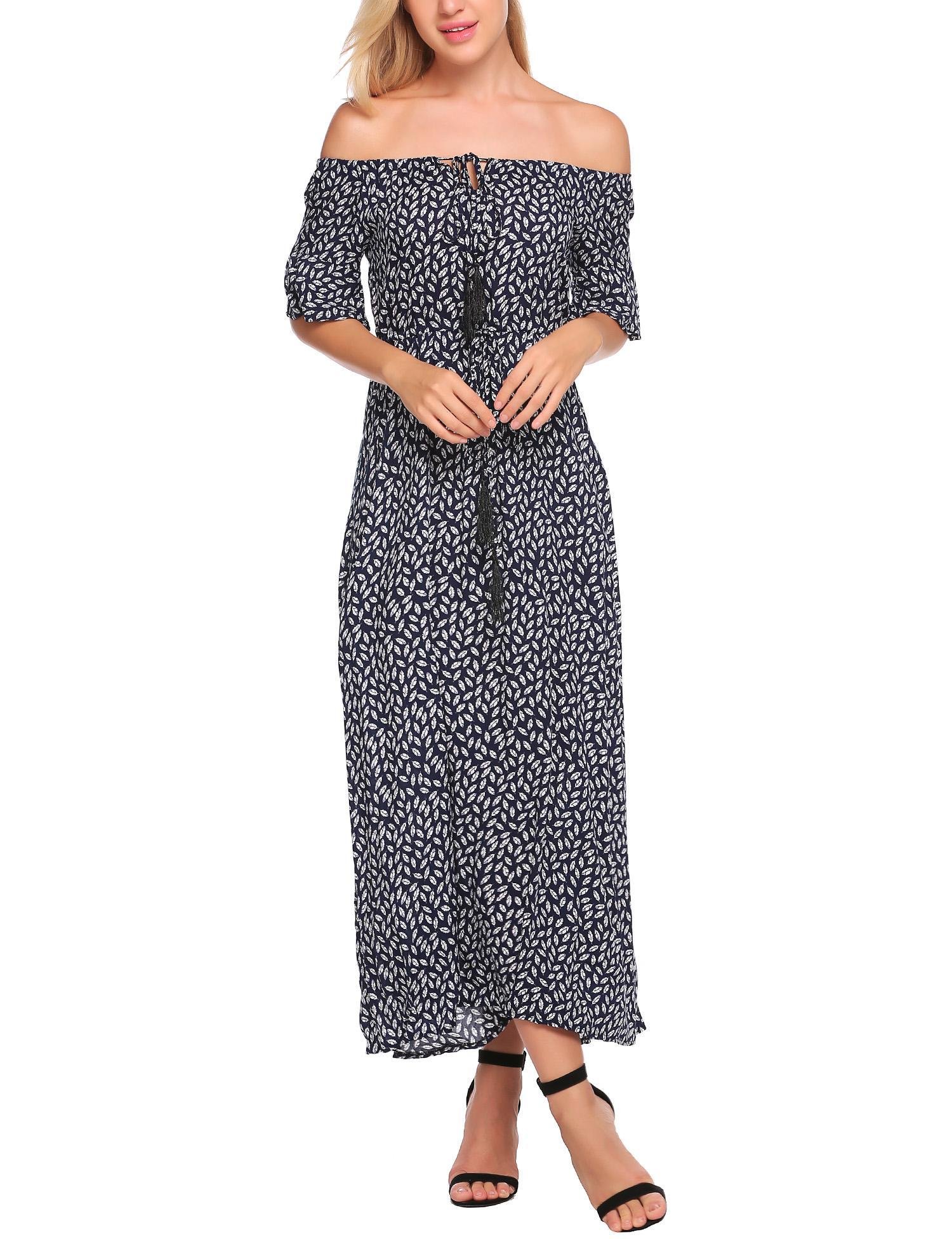 Zeagoo Women Boho Off the Shoulder Floral Print Casual Swing Maxi Dress Navy blue S