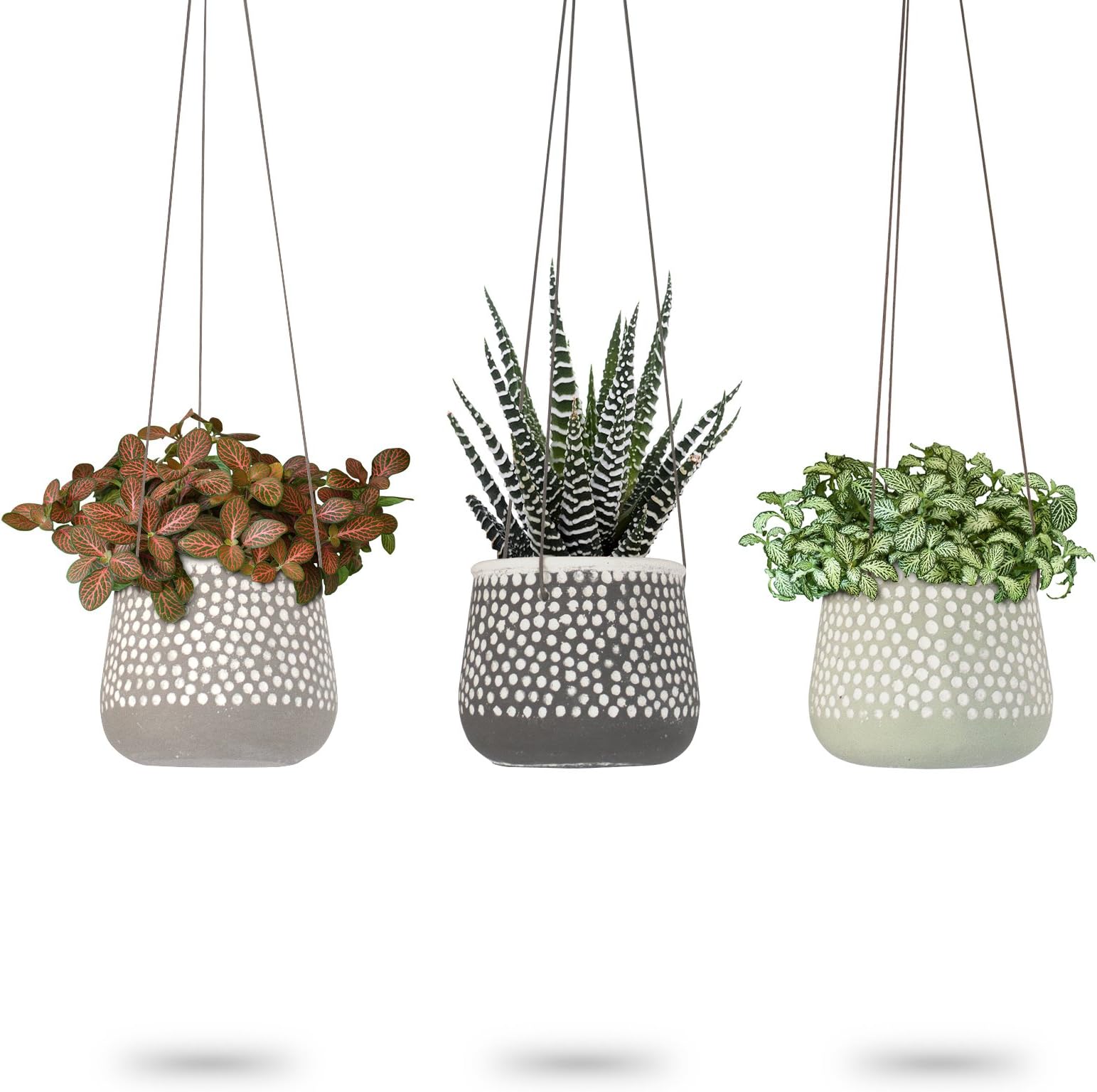 3 Pack Hanging Planter for Indoor Plants, White Concrete Pots, Round Air Succulent Holder Container, Cactus Pot with Rope Hanger, 23 Bees (3, Shades of Nature)