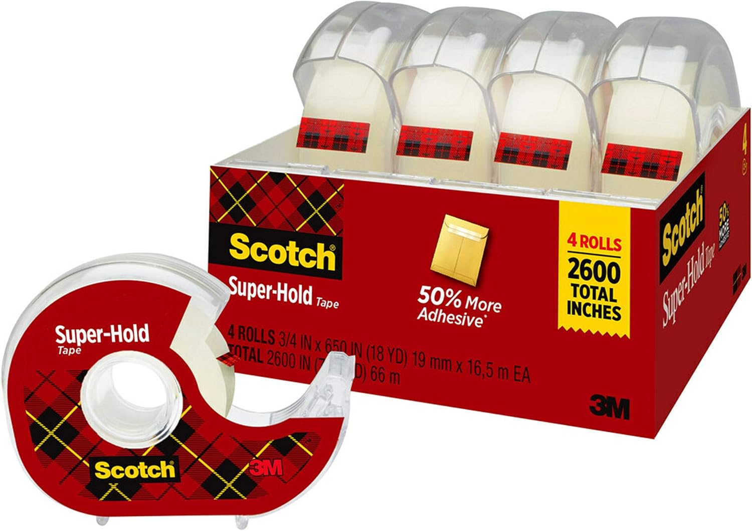 Scotch Super-Hold Tape, 4 Rolls, Transparent Finish, 50% More Adhesive, Trusted Favorite, 3./4 x 650 Inches, Dispensered (4198) : Office Products