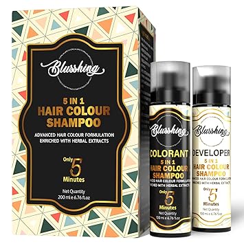 BLUSSHING Instant Hair Colour Shampoo For Men & Women 200ml(Natural Black). 5 In 1 Color Shampoo For Hair,Beard, Mustache In 5mns Free From Ammonia With Benefits Of Argan, Almond Oil & Noni.