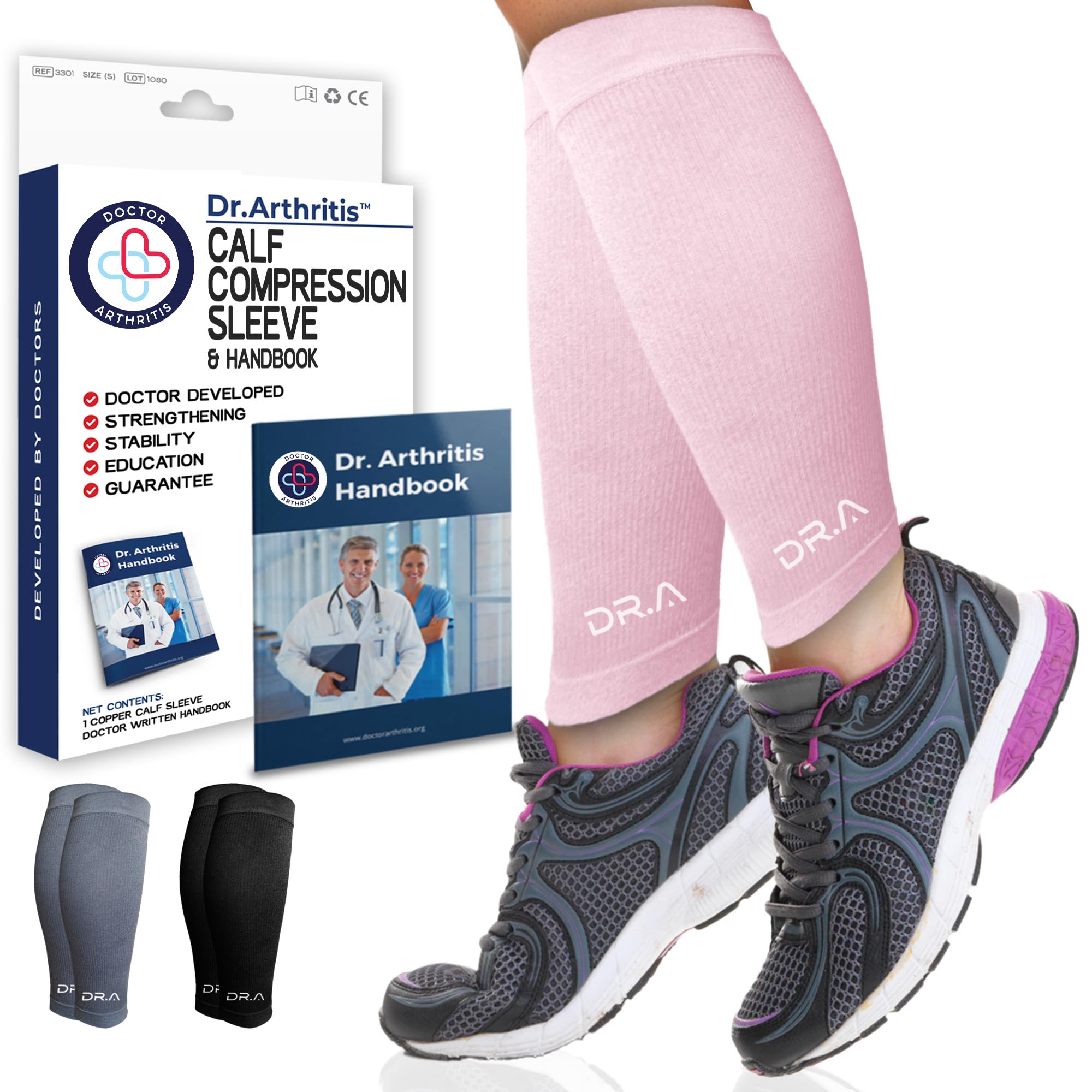 Dr.Arthritis Doctor Developed Calf Compression Sleeve & Doctor Handbook For Men & Women - Leg Compression Sleeve For Leg Pain Relief, Muscle Recovery, Shin Splint,Varicose Veins (Large, Pink)