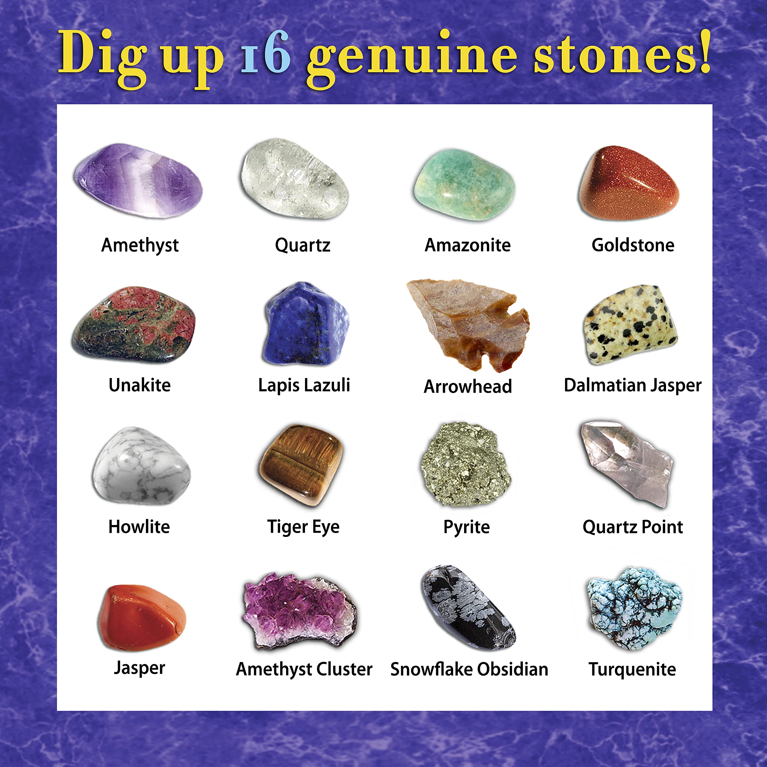 DANCING BEAR Gem stone Dig Kit, Excavate 16 Real Gems & Crystals including Arrowheads, Quartz Point and Amethyst, STEM Education for Kids, Fun Rock Mining Science Activity Gift Sets for Girls and Boys