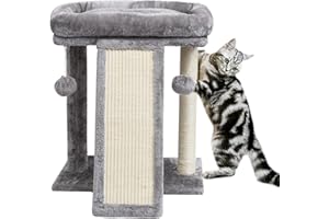 SYANDLVY Cat Scratching Post with Perch, Cat Scratching Board for Adults, Cat Post Scratcher for Indoor Cats, 2 Dangling Balls Great for Kittens (Light Grey)
