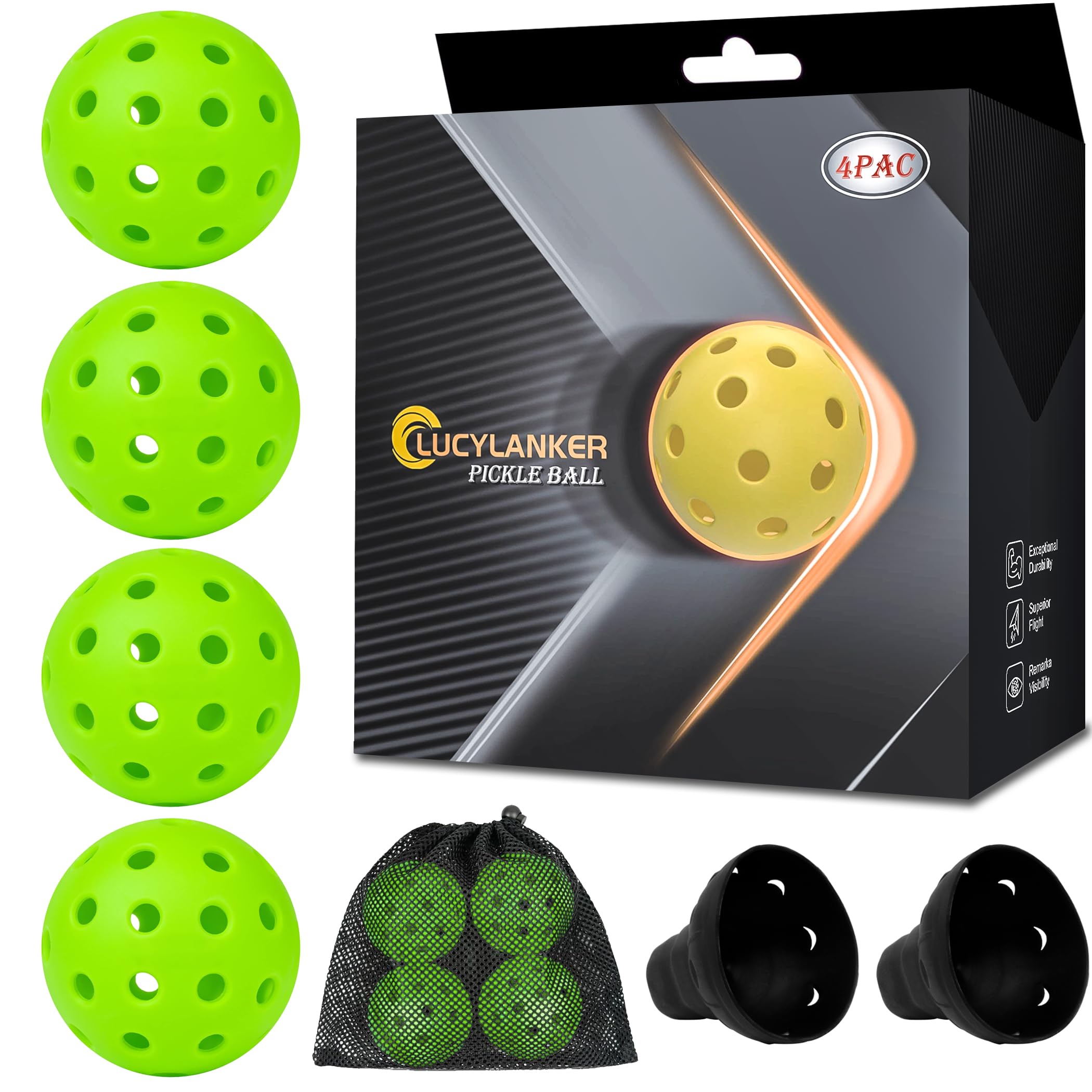 LUCYLANKER Outdoor Pickleball Balls, 40 Holes Pickleballs for Sport Outdoor Play, High Bounce & Durable Pickleball Balls Outside for All Style Pickleball Paddle & Court (Green, 4 Pack)