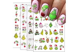FUKIDOG 4 Sheets Christmas Nail Art Stickers Cute Green Monster 5D Self-Adhesive Xmas Nails Decals Designs Winter Funny Cartoon 3D Christmas Nail Stickers Decals Supplies for Women Nail DIY Art Decoration