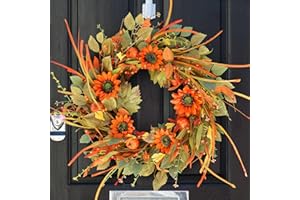 Fall Wreaths for Front Door, Soomeir 22 Inch Pumpkin Autumn Thanksgiving Wreath with Berries, Sunflower Wreath for Outdoor Outside Indoor Halloween Decorations