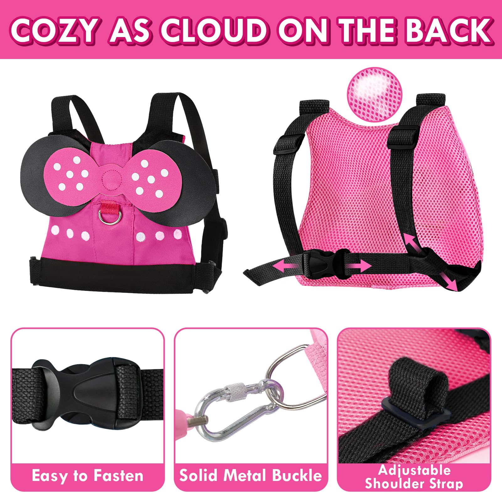 Lehoo Castle Toddler Leash for 1-5 Years, Baby Safety Harness for Girls with Anti-Lost Key Lock & Adjustable Strap, 3-in-1 Wrist Leash and Kids Backpack Harness for Walking Travel (Pink Minnie Mouse)