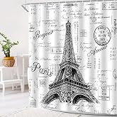 KDYDK Eiffel Tower Shower Curtain Retro Hand-Painted Postmar Seal France Romantic European Paris City Architectural Cultural 70" L x 70" W Bathroom Decor Curtain Set with Hook