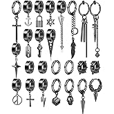 Thunaraz 25 Pcs Clip on Earrings for Men Stainless Steel Cross Chain Dangle Earrings Black Fake Earrings for Men Women Non Pierced Huggie Hoop Earrings Set